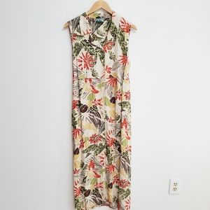 Vtg 90's Tropical Hawaiian Maxi Dress Tie Back Button Front Coastal Grandma Sz L